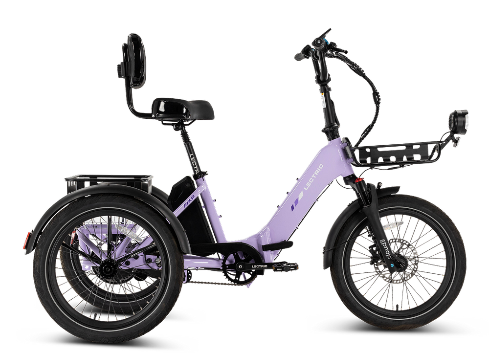 Lectric XP Trike 2 electric tricycle in Lavender Haze color, side view, against a white background