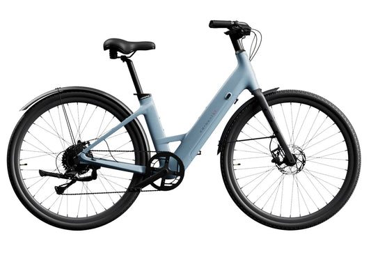 Urtopia Carbon 1 Step Thru eBike in Glacier Blue, side view, showcasing lightweight carbon frame and step-through design