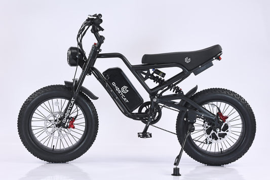 Side view of the eMOTO GHOSTCAT F3.2 electric motorcycle in black, showcasing its 1500W motor, sturdy frame, and modern design features.