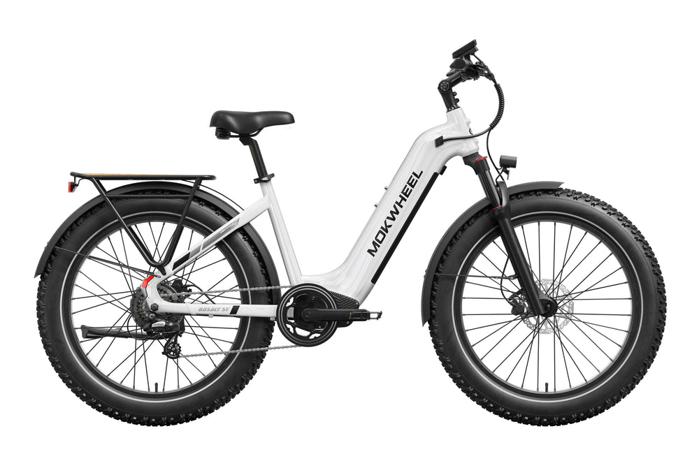 White Mokwheel Basalt 2.0 Step Thru electric bike, side view, against a plain background
