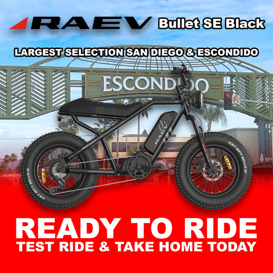 Raev Bullet eBike in metallic black, side view, displayed outdoors in Escondido