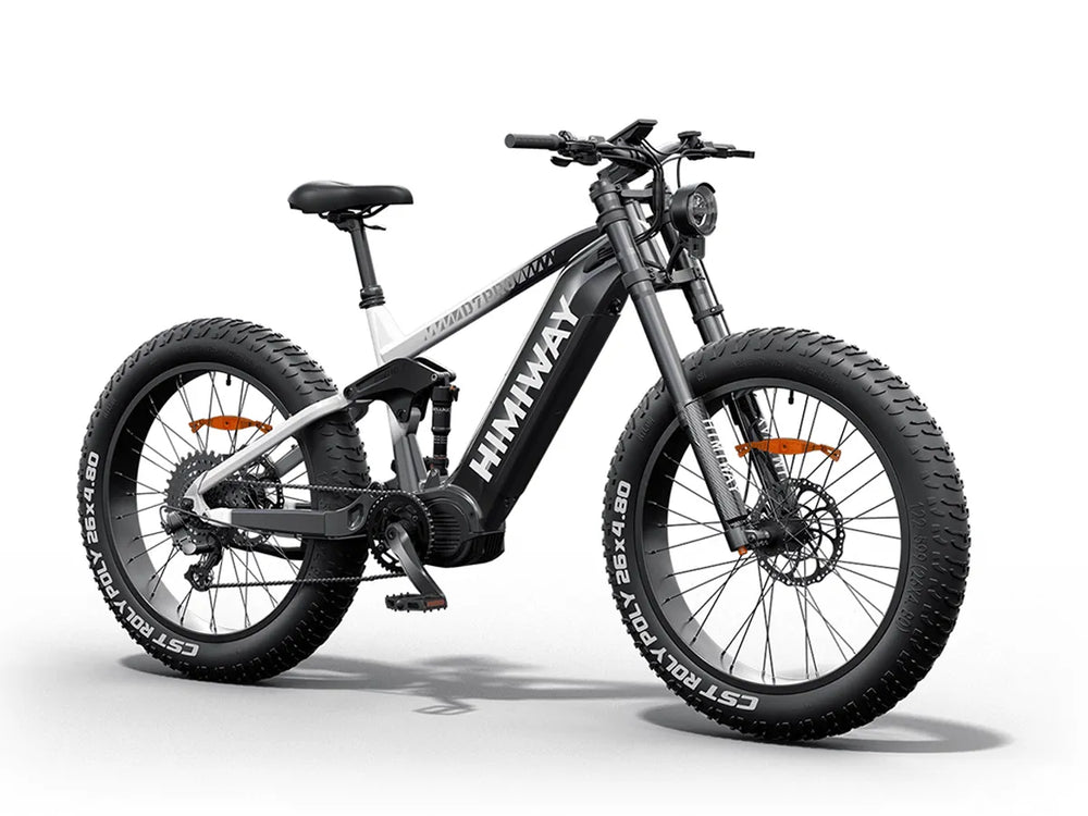 Himiway D7 electric bike in black and white gradient color, side view, showcasing frame design and large tires
