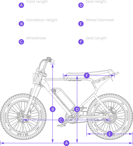 Size guide for the Macfox X1S eBike, displaying bike dimensions and measurements for reference.