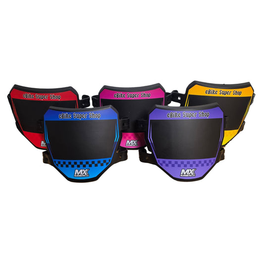 Custom eMOTO number plate sticker displayed on a motorcycle, featuring personalized text and bold, high-contrast colors.