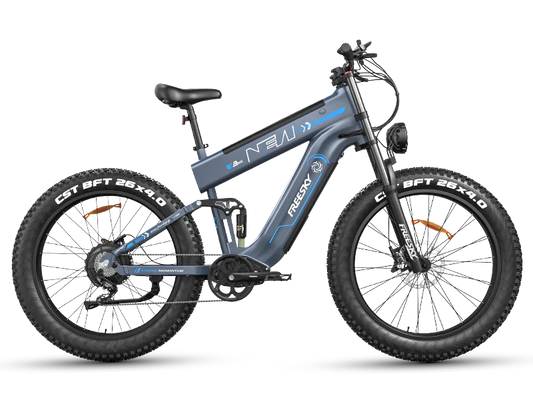 Blue Freesky Alaska Pro M-520 electric bike, side view, on a white background