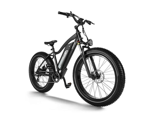 Side view of a black Himiway C3 Cruiser Step Over eBike, showcasing its frame, wheels, and battery on a white background.