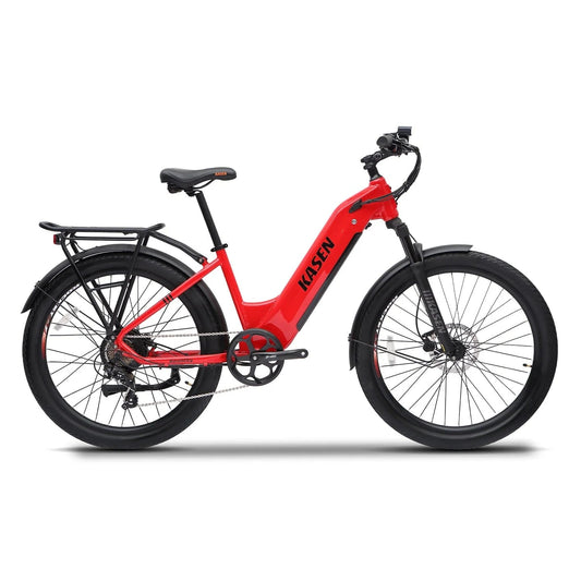 Red Kasen City 2.0 eBike in a cardboard shipping box, showing the bike partially assembled with 15AH and 20AH battery options visible.