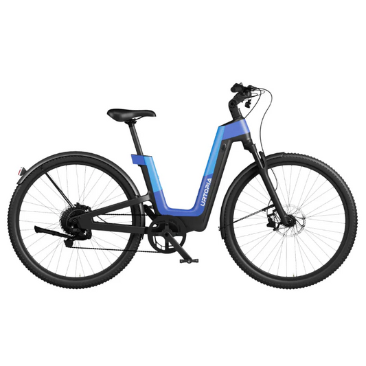 Urtopia Carbon Fusion Pro eBike in Deep Sea Blue, side view, showcasing sleek carbon frame and modern design