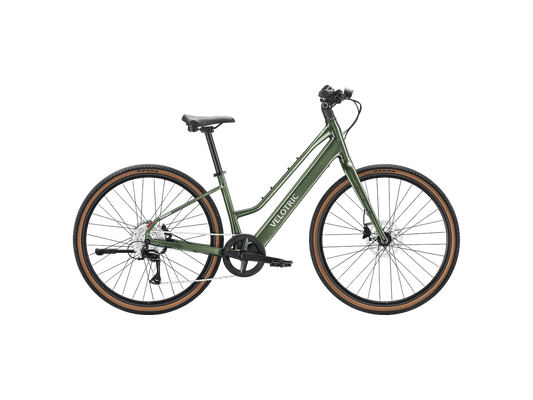 Velotric Tempo Mid Step eBike in Forest Evergreen color, side view, displayed outdoors
