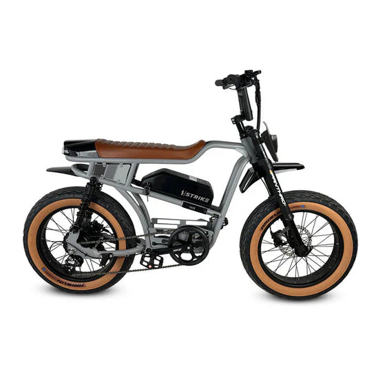 Gray eMOTO eBike Strike Panthro side view, showcasing sleek frame design and modern features