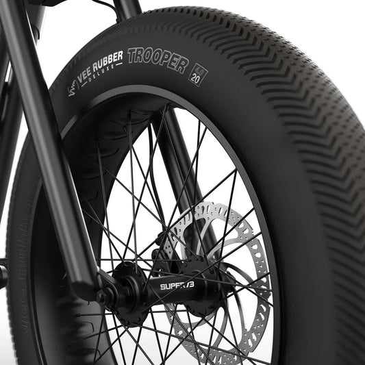 Side view of a Super73 Z Miami Core eMOTO eBike in a showroom, showcasing its sleek frame, thick tires, and minimalist design.