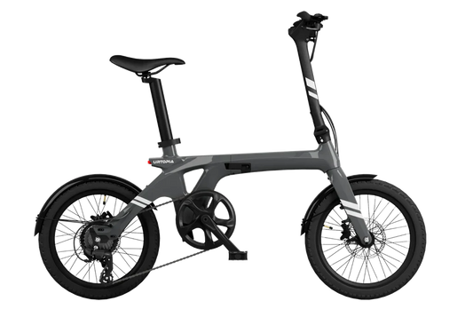 Urtopia Carbon Fold 1 eBike in charcoal gray, side view, folded position, against a plain background