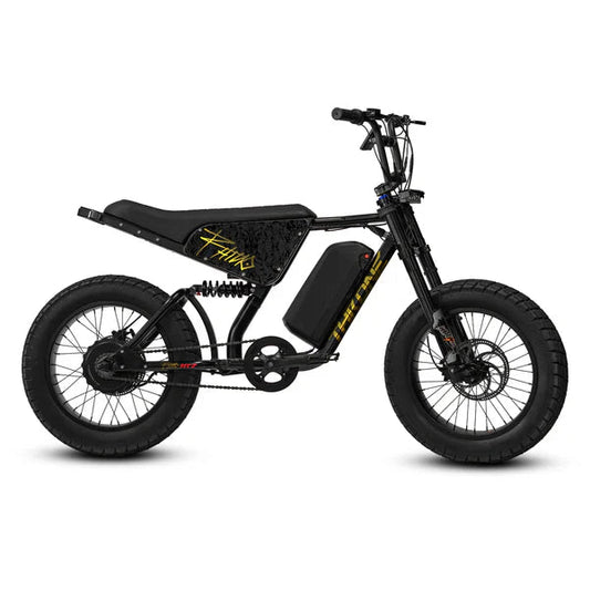 Black and gold eMOTO eBike Strike Rhino AT7 electric bike, side view, on a white background