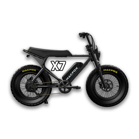 Black Macfox X7 eBike side view, showcasing rugged frame and large tires on a white background