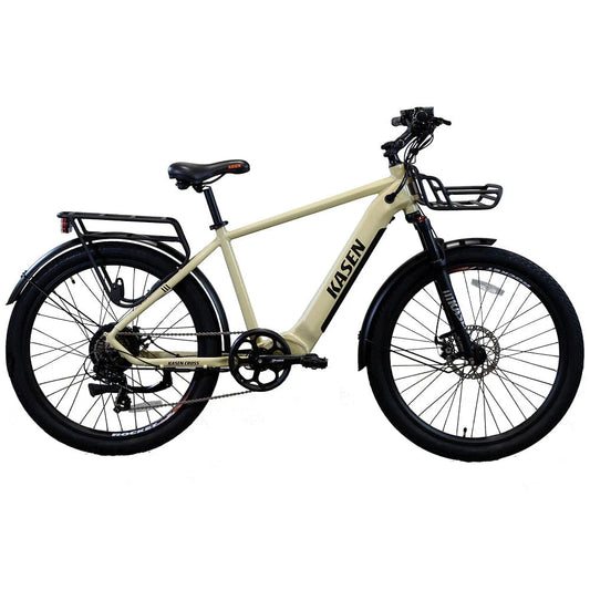 Kasen Cross eBike in sand color packaged inside a cardboard shipping box