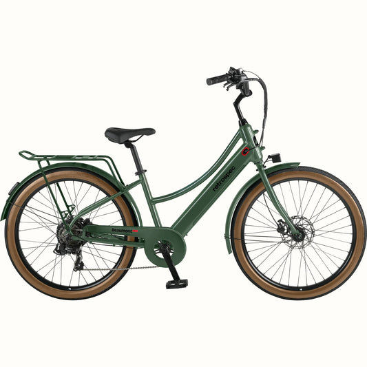 Retrospec Beaumont Rev 3 Plus eBike in Fern green, side view, showing step-through frame, rear rack, and front basket.