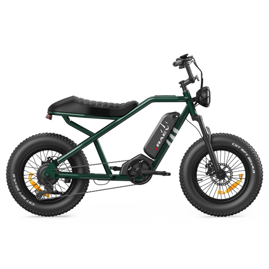 Metallic green Raev Bullet eBike side view, showcasing sleek frame and modern design