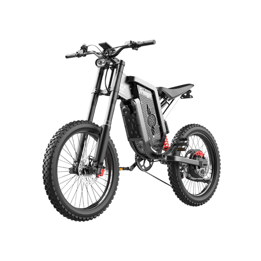 eMOTO Freego X2 Dirt Master electric dirt bike, side view, black and red color, parked on a dirt trail with trees in the background