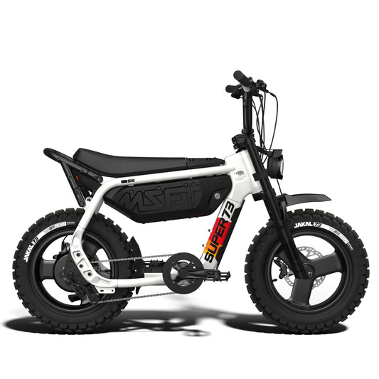 Super73 MZFT SE Baja eMOTO eBike in box, showing packaged components and accessories