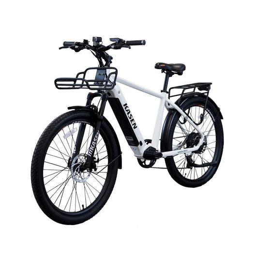 White Kasen Cross eBike packaged inside a cardboard shipping box, product partially visible.