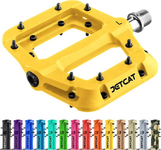 Yellow JetCat pedal with a silver finish, product image on a white background.