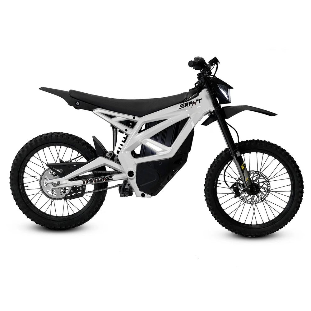 eMOTO Strike SRPNT X3 electric motorcycle in White Savage color, side view, showcasing sleek design and aggressive styling.