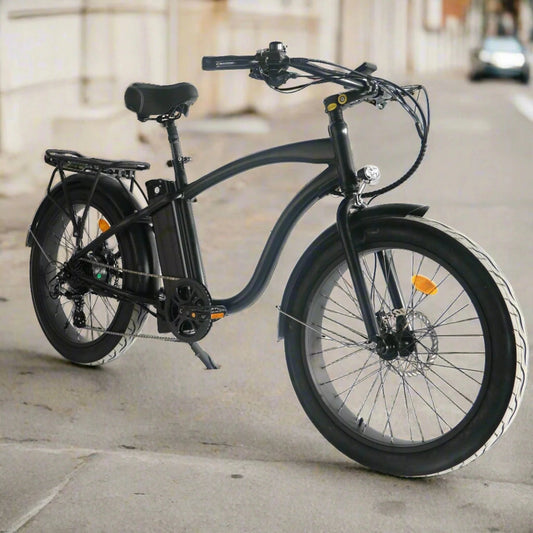 Black eBike Coastal Cruiser 52v 24, over 750W step-over electric bike with 24x3 fat tires, cruiser style, product image