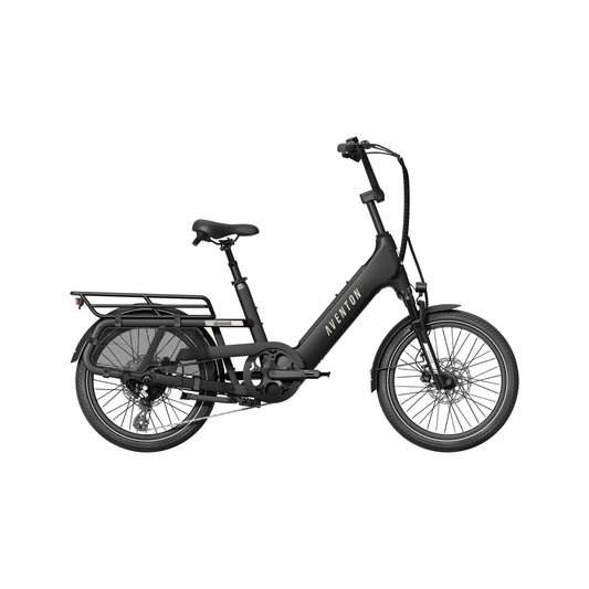Aventon Abound SR electric cargo bike in Stealth color, side view, shown with rear cargo rack and step-through frame design.