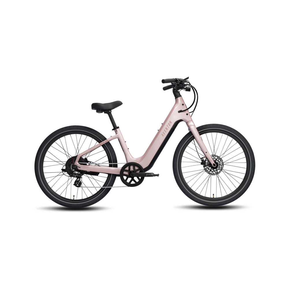 Aventon Pace 5 REC Step-Thru electric bike in Sakura pink, side view, showcasing step-thru frame design and upright handlebars.