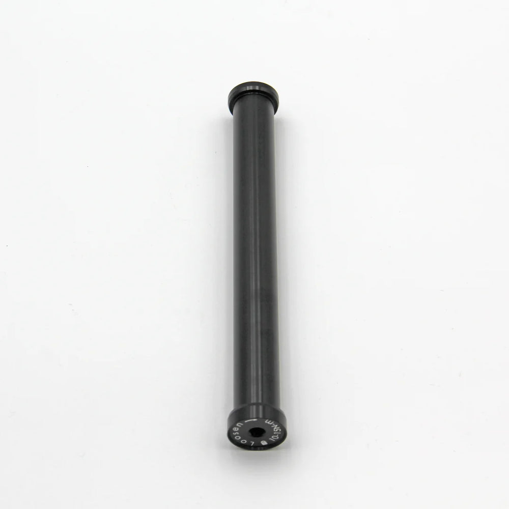 Front view of the Eride Pro ProS SS2.0 front wheel axle, showing the axle's metallic finish and detailed design features.
