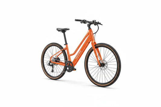 Velotric Tempo Mid Step eBike in Sunset Tangerine color, side view, photographed outdoors