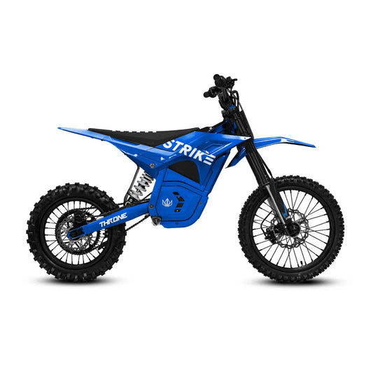 eMOTO Strike Shadow SX 60V electric motorcycle, black color, side view, displayed on a white background