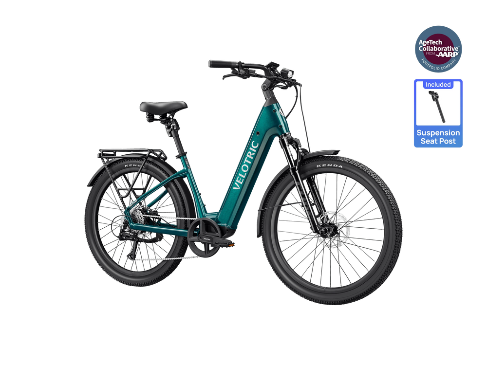 Emerald green Velotric Discover 3 eBike side view, showcasing step-through frame, battery, and rear rack