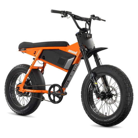 Juiced Scrambler Hardtail electric bike with single battery in Orange Juice color, side view