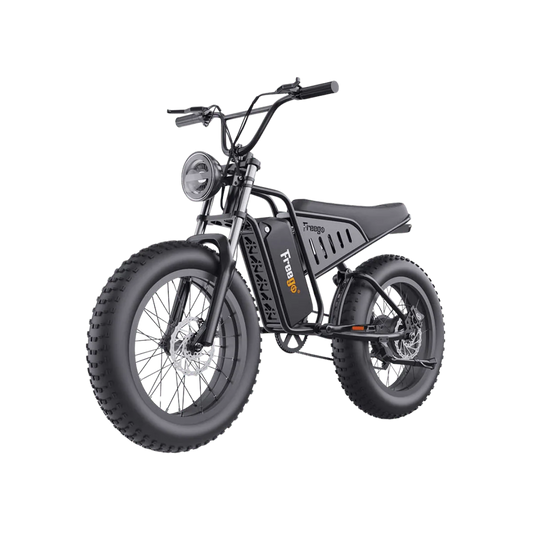 A black Freego S1 Cafe Racer eBike parked on a city street, showcasing its retro design, brown leather seat, and thick tires.