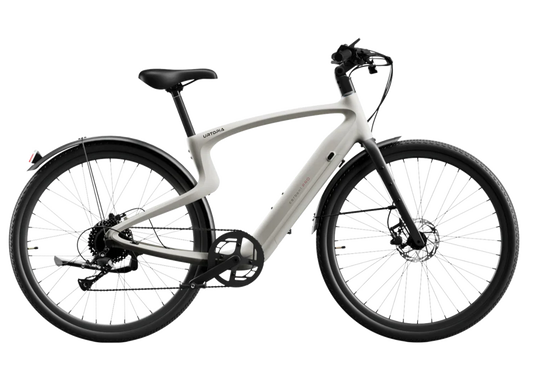 Urtopia Carbon Classic eBike in creme color, shown in small, medium, and large sizes