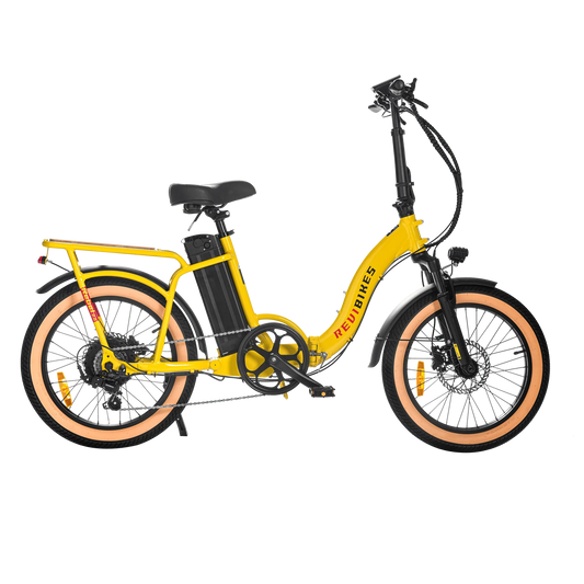 REVI Rebel 2 750w step-thru electric folding bike with 20x3 fat tires, shown in side profile against a plain background