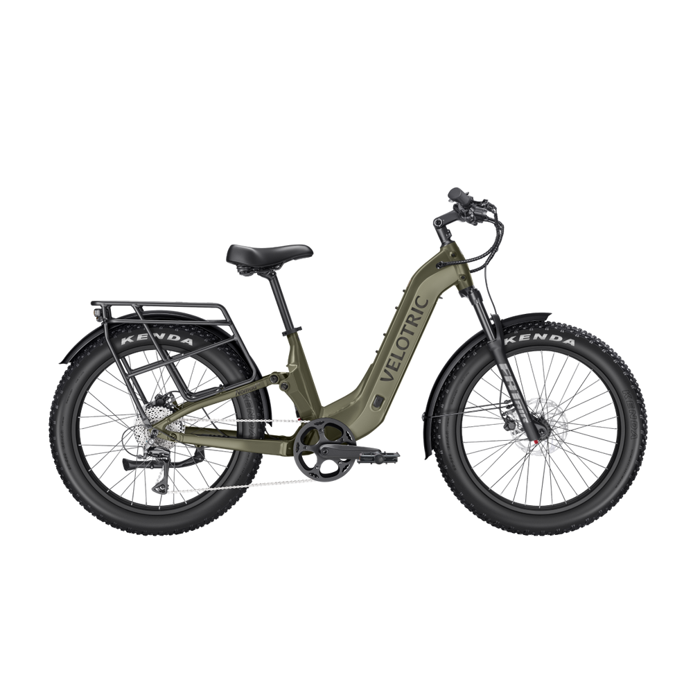 Velotric Nomad 2X Step-Thru eBike in Sage color, side view, against a white background