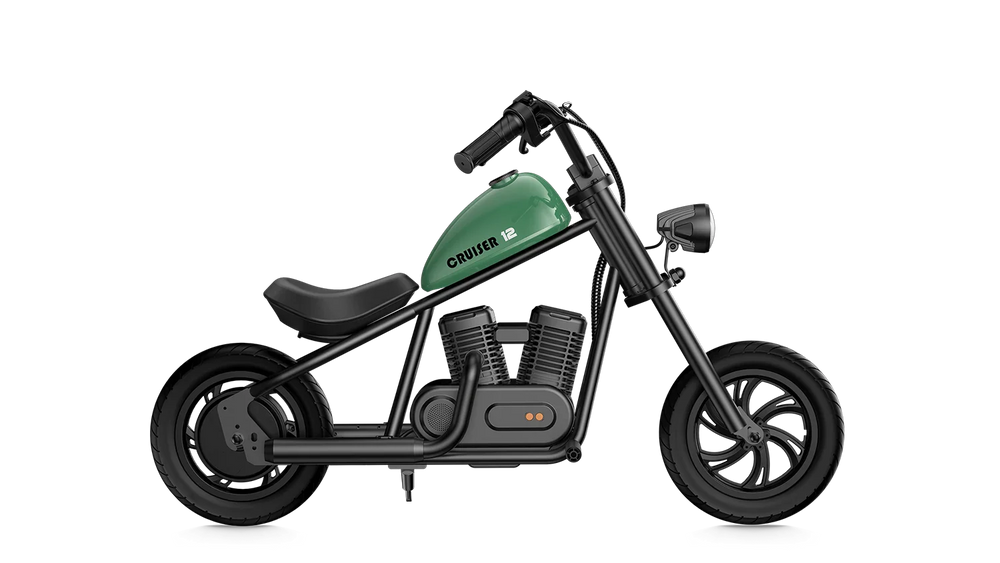 Green eMOTO Hyper Gogo Cruiser 12 electric bike, side view, displayed on a white background