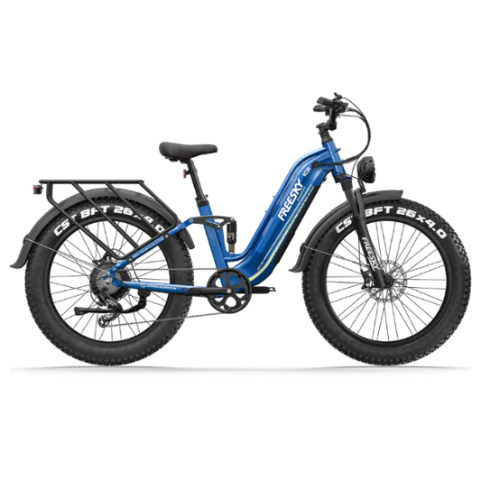Blue Freesky Wild Cat Ultra A-340 electric bike, side view, showcasing sturdy frame and fat tires