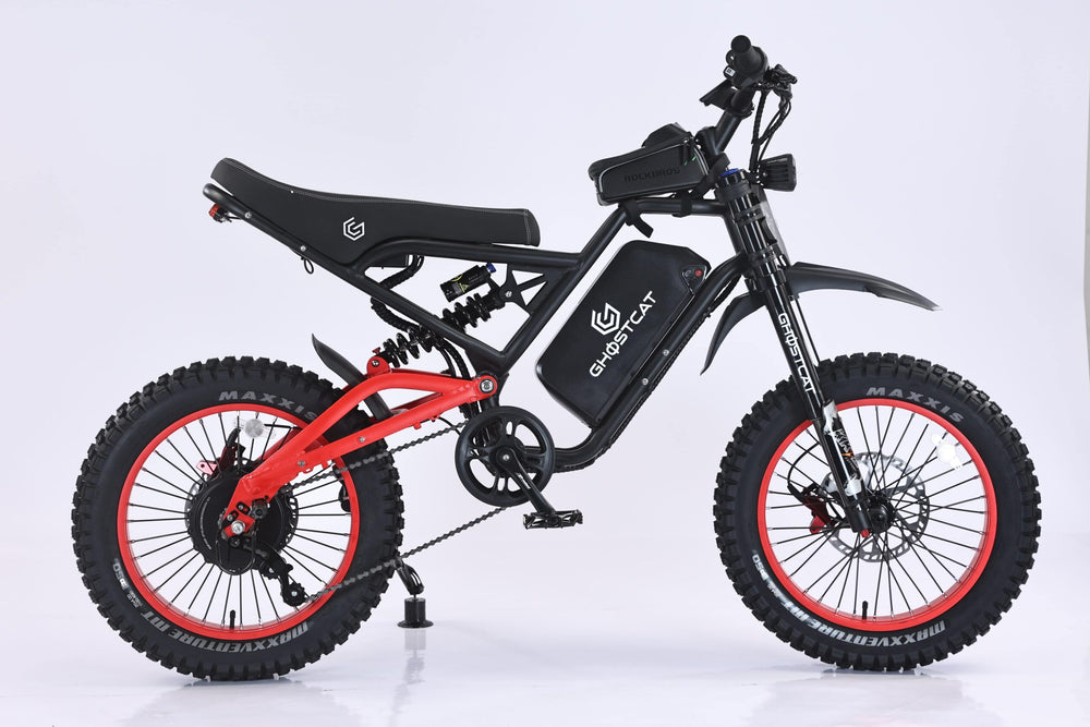 Red eBike Ghostcat F4X side view, showcasing frame design, wheels, and handlebars