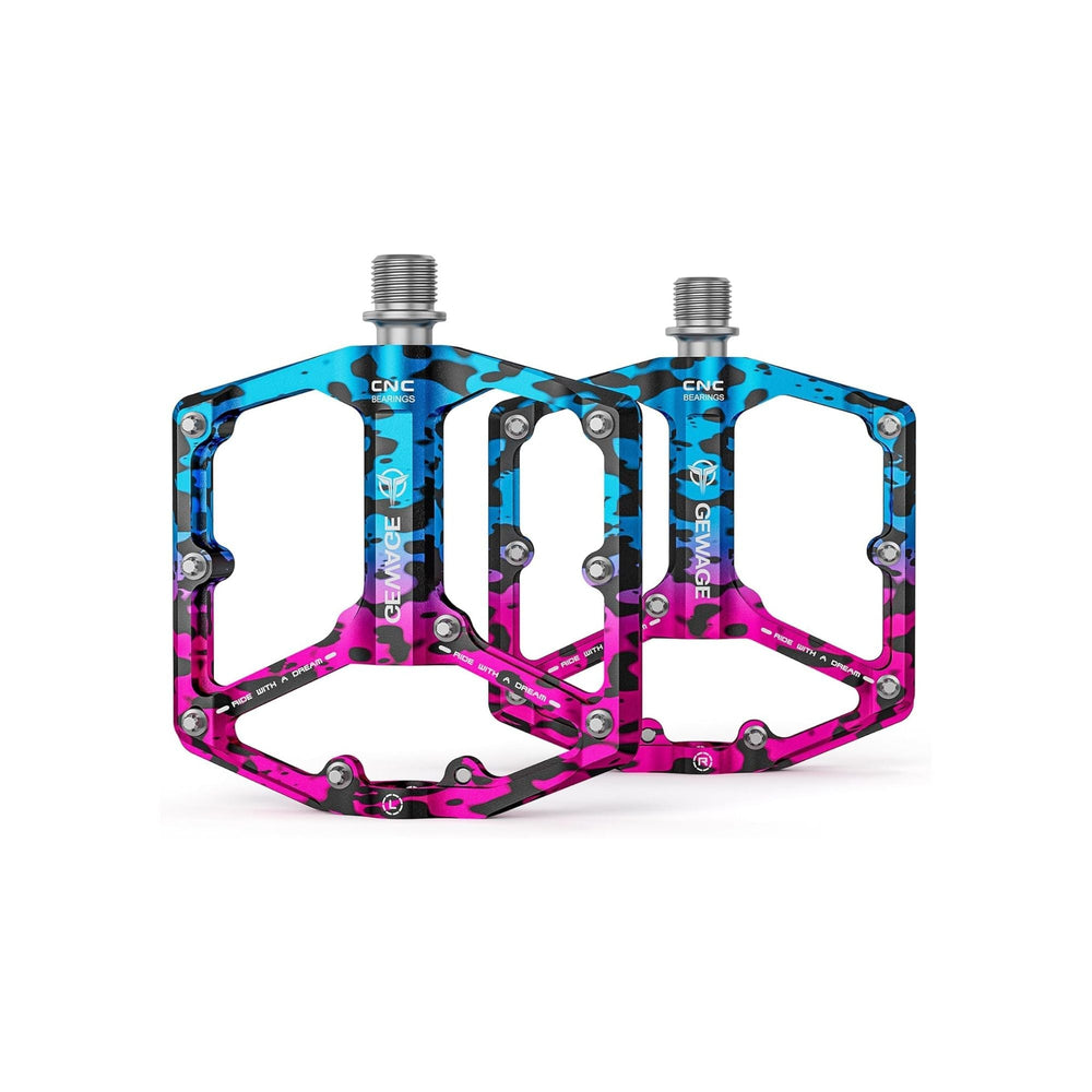 Pink and blue camouflage alloy bicycle pedals with a blue accent, product image labeled "Blue 13".