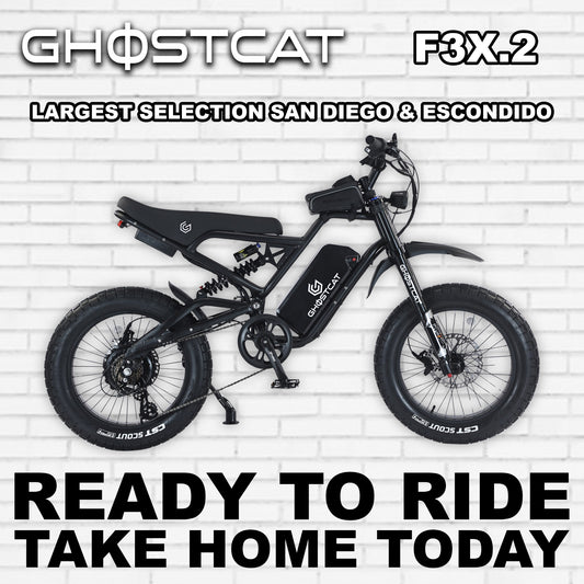 Side view of the eBike Ghostcat F3X.2 in R2R Blackout color, showcasing its sleek black frame, thick tires, and modern design against a plain background.