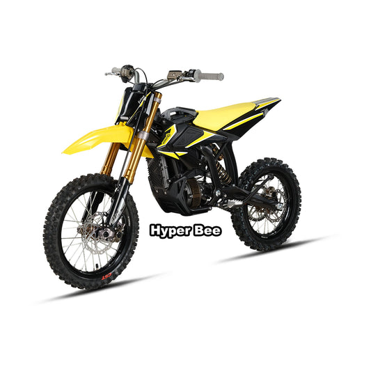 Yellow eMOTO Surron Hyper Bee electric bike in box, product image showing boxed yellow model