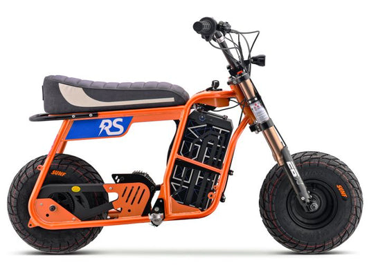 Orange eMOTO Ebox Dragster RS electric motorcycle, side view, parked on white background