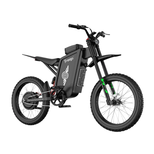 Side view of the eMOTO Freego X3 electric scooter showing its black frame, wide deck, large tires, and rear suspension system.