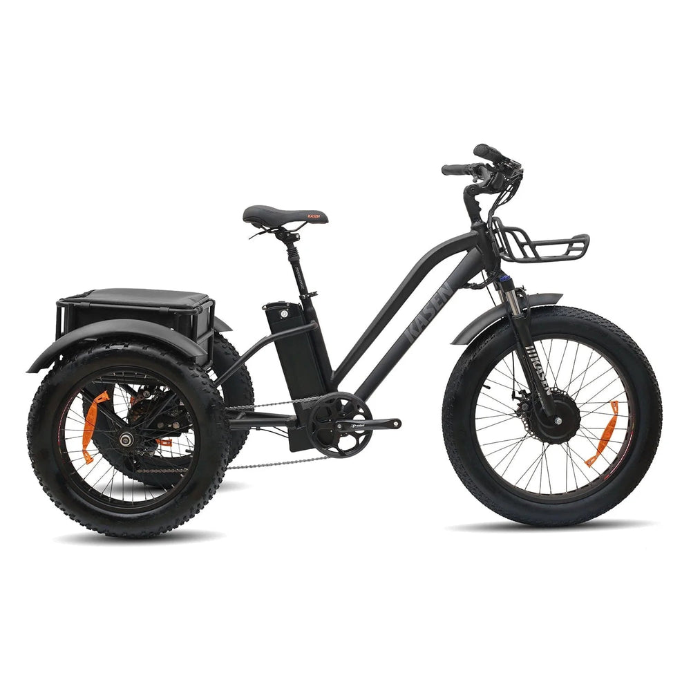 Black Kasen eBike Trike, ready to ride, shown in product image with options for 14.5AH and 17.5AH battery, model R2R.