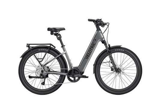 Stone gray Velotric Discover 3 eBike side view, showcasing frame design, battery placement, and wheels against a plain background.