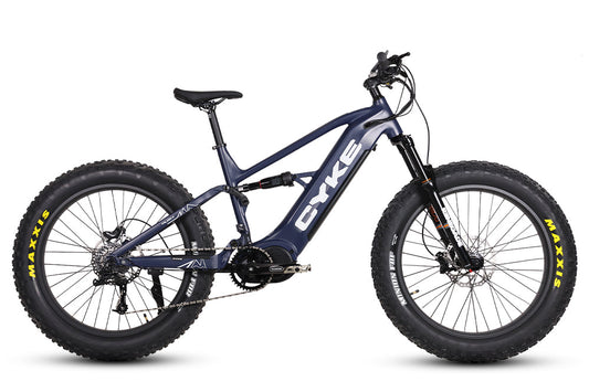Dark blue eBike Cyke Falcon X electric bicycle, side view, on a plain background