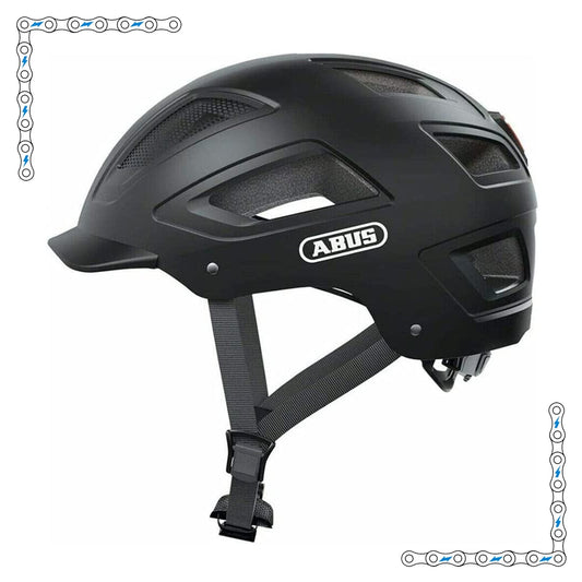 A black Abus Hyban helmet designed for electric bike riders, featuring a sturdy shell, multiple ventilation holes, and an adjustable rear dial.